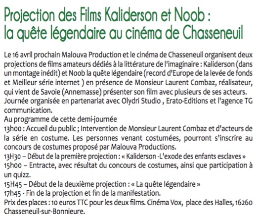 articlekalidersonEst Charente - projection Kaliderson - avril 2016